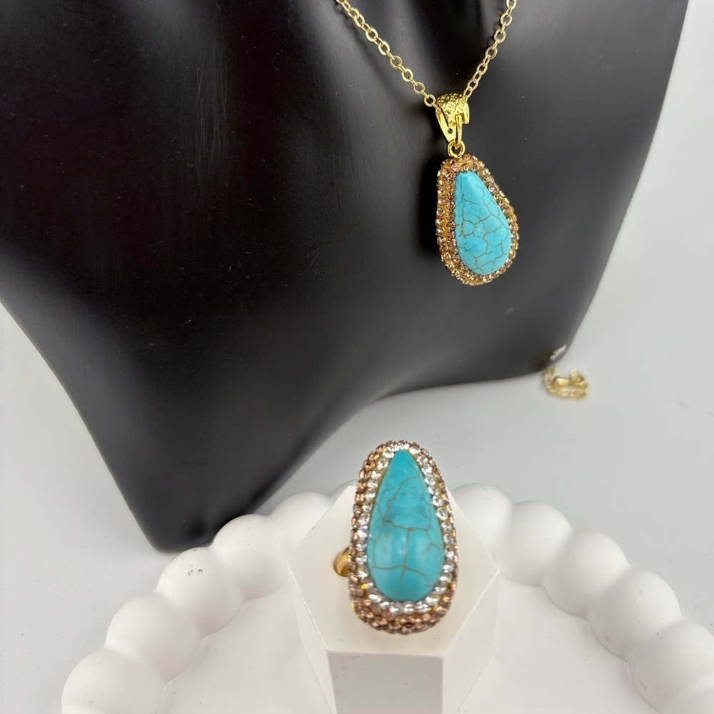 Turquoise Teardrop Jewelry Set โ Necklace, Earrings & Ring - Picture 6 of 15